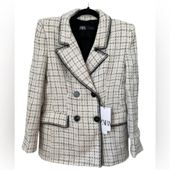 Zara, Textured Double-Breasted Blazer - White/Black. Size: M. NWT. - Picture 1 of 16